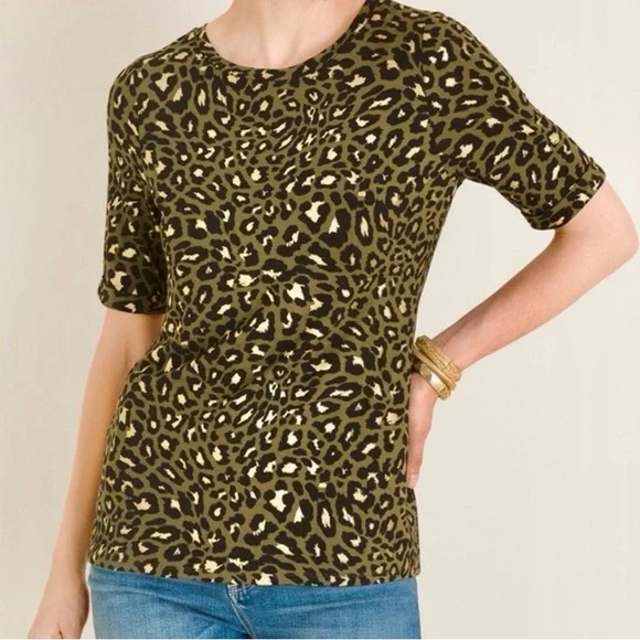 Chico's Sz 2 Metallic Gold Leopard Print Short Sleeve T Shirt Tee Top Blouse L - Picture 1 of 11